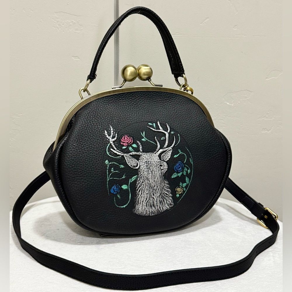 Hand-Tooled & Deer Texture Cowhide Handmade Kisslock Round Bag, Multi Use Style